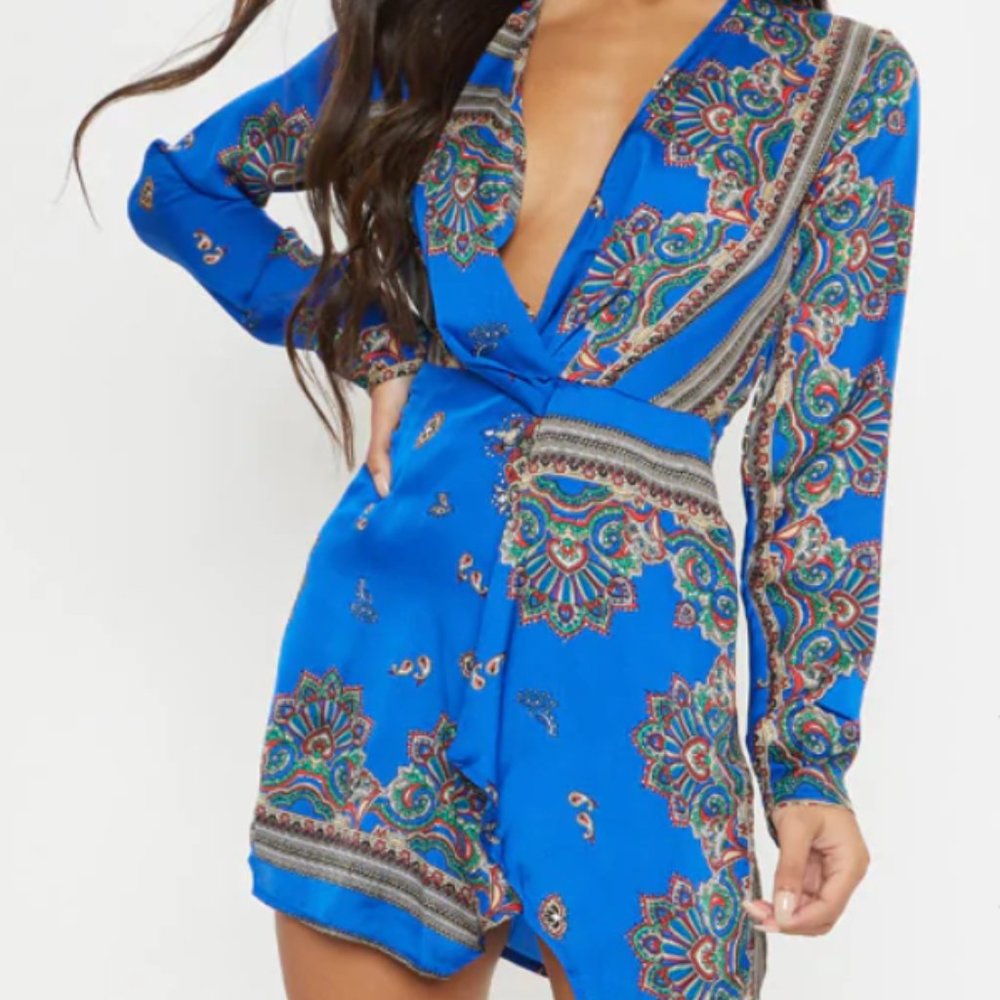 Cobalt Blue Patterned Wrap Mini Dress